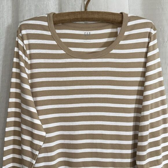 GAP XXL Tan White Cotton Modal Horizontal Striped Favorite Long Sleeve Crew Tee - Picture 3 of 12